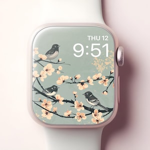 Cute Birds Apple Watch Wallpaper, Japanese Art Smartwatch Face, Sakura Garden iWatch Background, Sparrows, Feminine Aesthetic Spring Decor