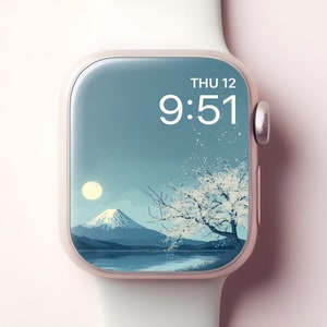 Sfondo dell'Apple Watch del Monte Fuji, quadrante dello smartwatch giapponese, sfondo dell'iWatch del Lago Sakura, luna notturna primaverile, arredamento estetico pacifico