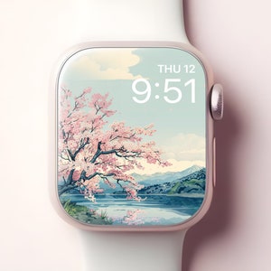 Sfondo di Apple Watch Sakura Lake, quadrante smartwatch con paesaggi naturali giapponesi, sfondo iWatch per una giornata di sole primaverile, estetica femminile brillante