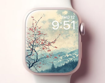 春と冬の Apple Watch の壁紙、日本の北斎アートのスマートウォッチの文字盤、雪山の iWatch の背景、エレガントな美的装飾