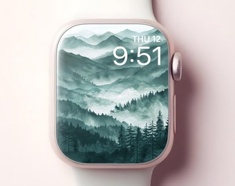 森の山々の Apple Watch 壁紙、穏やかな日本風のスマートウォッチの文字盤、ミニマリストな iWatch の自然の背景、禅の美的デザイン