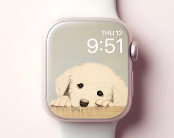 Cute Puppy Apple Watch Wallpaper, Japanese Smartwatch Face, Adorable Dog iWatch Background Screensaver, Feminine Girly Decor Aesthetic