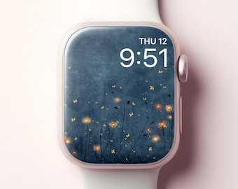 Firefly Apple Watch Wallpaper, elegante Japanse natuur smartwatch-gezicht, donkere iWatch bloemenachtergrond, minimalistisch zomernacht esthetisch ontwerp