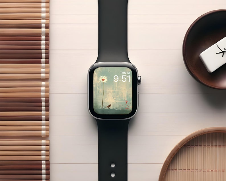 Minimalist Apple Watch Wallpaper, Elegant Japanese Bird Smartwatch Face
