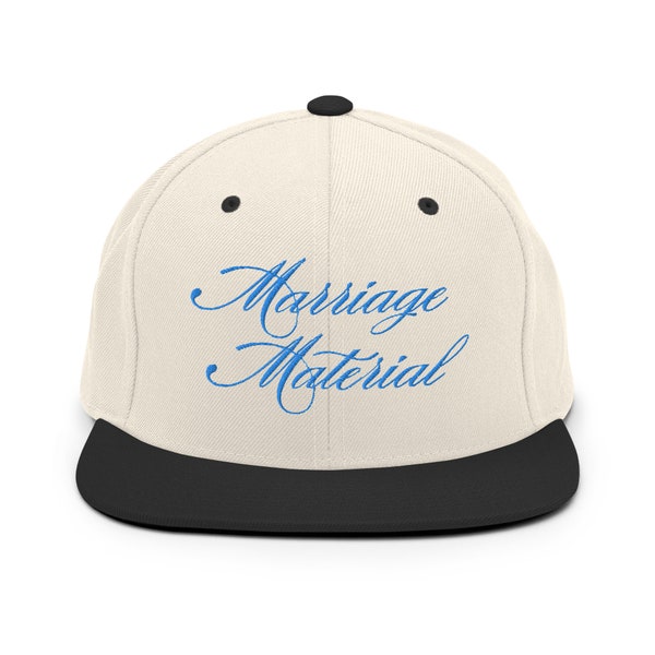 Retro Snapback Flat Rim Hat - 'Marriage Material' Embroidered - Stylish Accessory for Engaged Women or Men - Grooms and Bachelor Parties