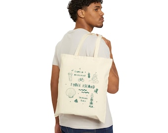 Tybee Island Sketch Tote Bag | Lighthouse Seashell Beach Illustration Design - Reusable Cotton Canvas Tote