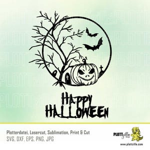 Op de afbeelding: Zwart-wit silhouetontwerp van een jack-o'-lantern, een griezelige boom en vleermuizen in een cirkel met de tekst "HAPPY HALLOWEEN" eronder.