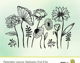 May include: Black and white line art illustration of a bouquet of flowers. The flowers include a hydrangea, poppy, rose, daisy, and other small flowers. The flowers are drawn with a simple, elegant style.