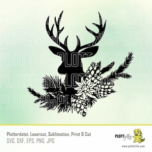 May include: Black silhouette of a deer head with antlers, surrounded by pine branches, pine cones, and a white flower. The image is a digital design for crafting projects.