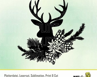 Plotter file deer - branch, animal, digital, svg/eps/dxf/jpg/png file, for all common plotters such as Cricut, Silhouette, Cameo, Brother