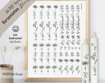 PDF template for candle tattoos, candle stickers with waterslide decals | Flowers | Line | Greetings | Candles | Printable, A4 | Gift | Gift idea