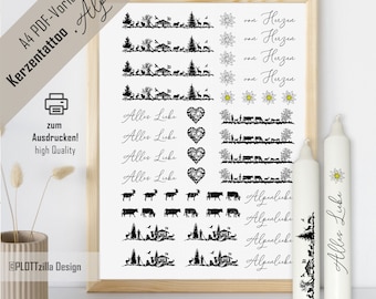 PDF template for candle tattoo, candle sticker with water slide film| Alps| Taper candles, candles| for printing, A4| Gift| Gift idea