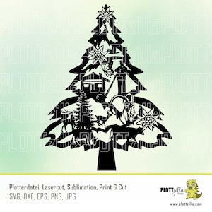 May include: Black and white silhouette of a Christmas tree with a cabin, mountains, and a goat inside. The tree is decorated with stars and flowers.