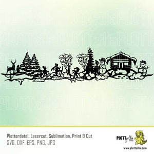 May include: Black and white silhouette of a winter scene with a cabin, trees, deer, and snowmen. The scene is perfect for a Christmas or winter-themed craft project.