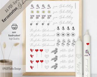 PDF template for candle tattoo, candle sticker with water slide film| birthday| flowers| Candles| for printing, A4| Gift| Gift idea