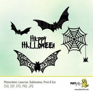 Op de afbeelding: Zwarte en witte Halloween SVG-snijbestanden met een spinnenweb, een vleermuis en de tekst "Happy Halloween".