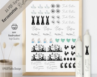 PDF template for candle tattoos, candle stickers with waterslide decals | Easter | Easter bunny | Candles | Printable, A4 | Gift | Gift idea