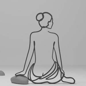 May include: A line drawing of a person sitting with their back to the viewer. The person is wearing a long skirt or dress. The drawing is in black and white and is on a white background.