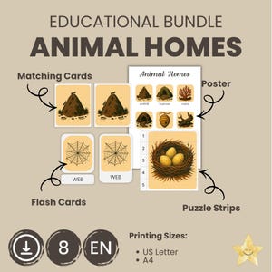 Könnte beinhalten: Lehrpaket "ANIMAL HOMES" mit Zuordnungs- und Lernkarten, einem Poster und Puzzleteilen. Die Illustrationen zeigen Tierlebensräume wie Ameisenhügel, Höhlen und Nester. Druckgrößen verfügbar: US Letter und A4.