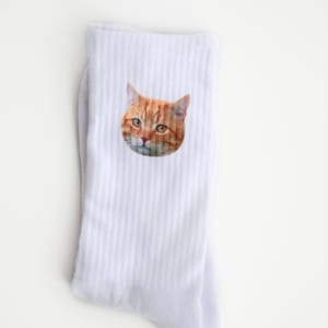 Könnte beinhalten: Weiße Socken mit einem aufgedruckten Bild eines roten Katzenkopfes.