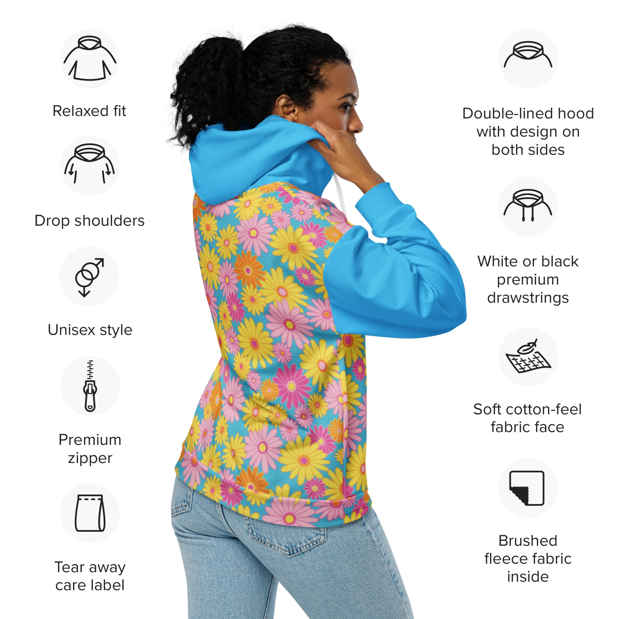 Retro 60's 70's Style Flower Power Blue Unisex Zip Hoodie