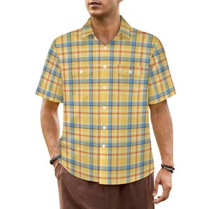 Men&#39;s Yellow Checkered Short Sleeve Shirt with Pockets