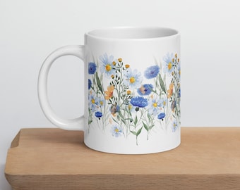 Pressed Blue Meadow Flowers White ceramic glossy mug gift for florists, gardeners or Mother's Day