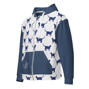 Cat and Mouse Blue and White Unisex zip hoodie gift for someone who loves cats Regular and Plus Sizes to 6X gift for her gift for him