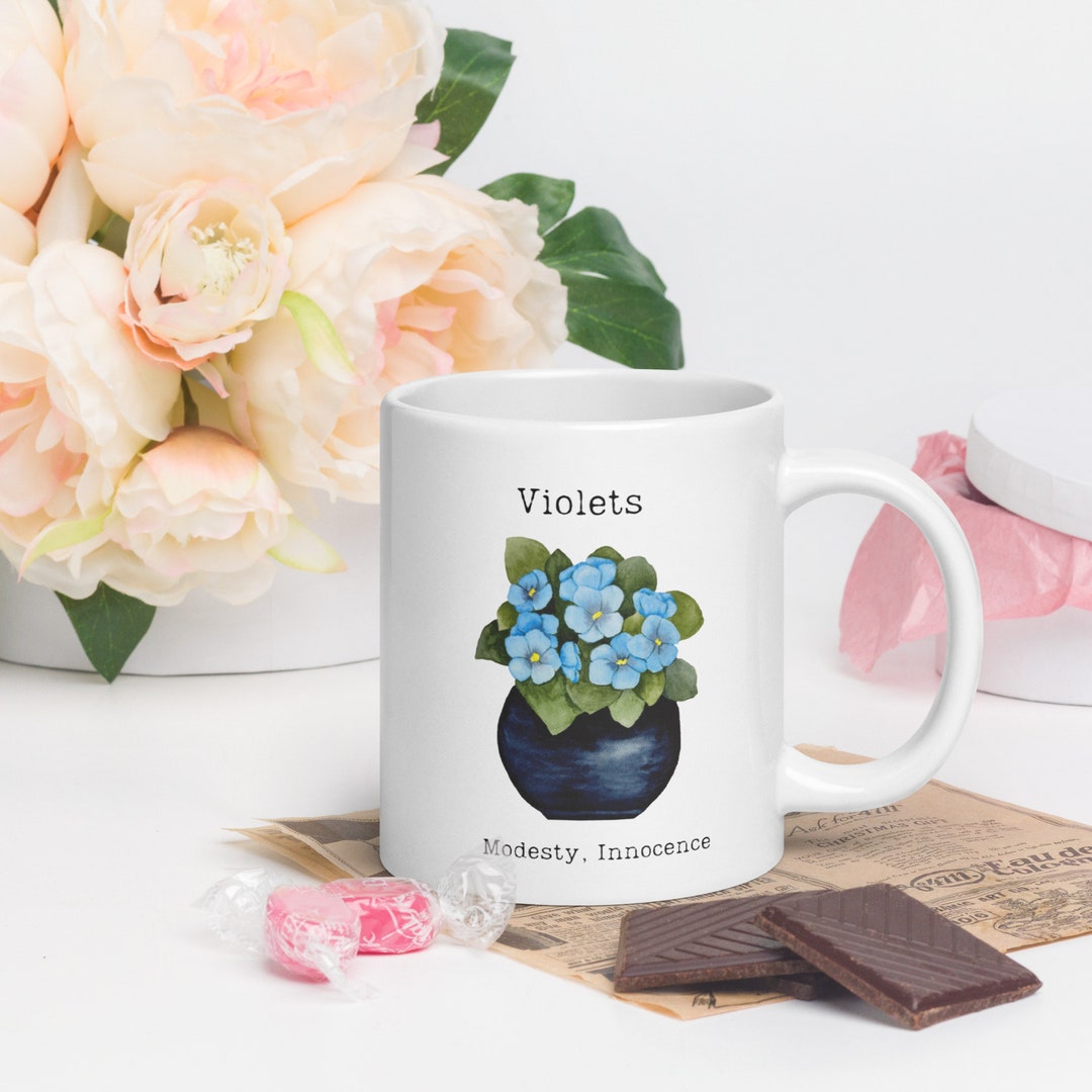 Victorian Flower Language Violets Modesty Innocence White Ceramic Mug