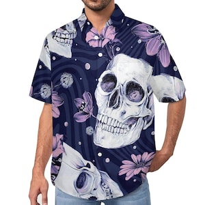 Hawiian Style Goth Skull Slubbed Fabric Short Sleeve Shirt with Pocket