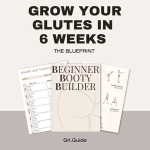 Op de afbeelding: Een printbare gids met de titel "Groei je billen in 6 weken: De blauwdruk" met een beginner booty builder trainingsschema. De gids bevat een maaltijdplan, trainingsschema en illustraties van oefeningen zoals kettlebell swings en sumo squats.