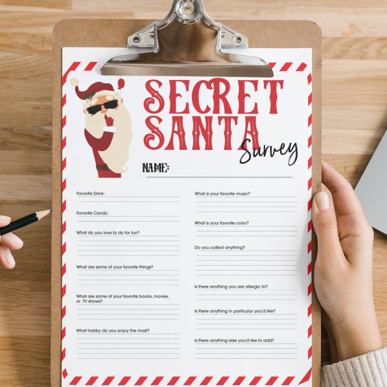 Printable Secret Santa Questionnaire Survey | Office Christmas Party Work Secret Santa Gift List ...