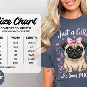Maglietta Just a Girl Who Loves Pugs, maglietta grafica con simpatico carlino, regalo per gli amanti dei carlini, maglietta con colori confortevoli, maglietta divertente con cane, maglietta per mamma di carlino immagine 6
