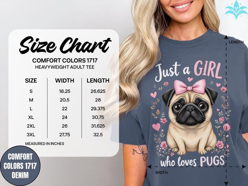 Maglietta Just a Girl Who Loves Pugs, maglietta grafica con simpatico carlino, regalo per gli amanti dei carlini, maglietta con colori confortevoli, maglietta divertente con cane, maglietta per mamma di carlino immagine 6