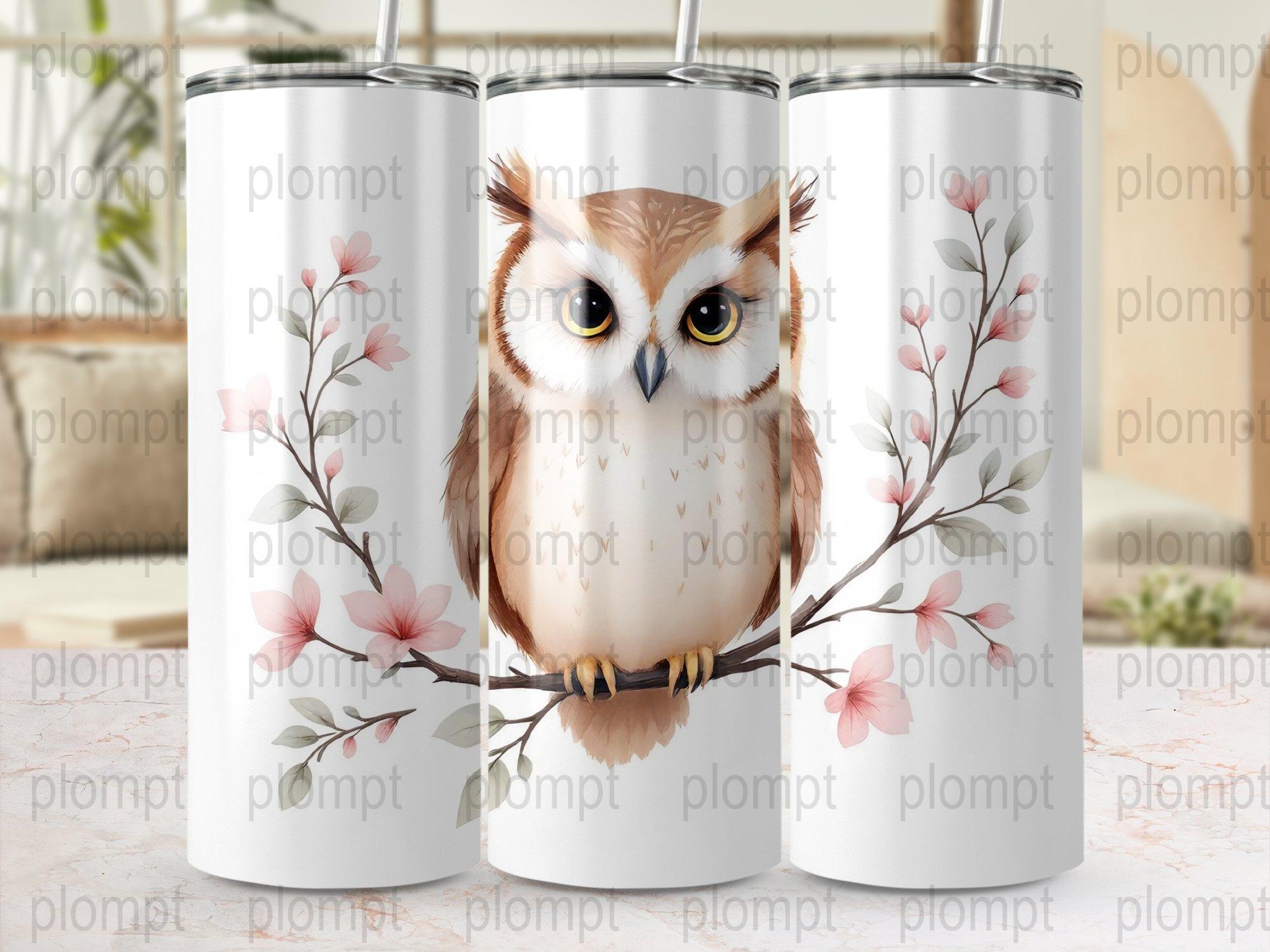 Cute Owl on Blossom Branch Digital Tumbler Wrap Print PNG, Adorable Owl Tumbler Sublimation Wrap, Ow