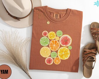 サンキッスドオレンジのグラフィックTシャツ、フレッシュで爽やかな