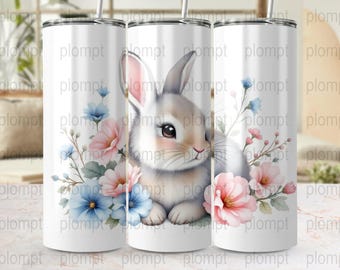 Cute Bunny with Flowers Digital Tumbler Wrap 20oz PNG, Rabbit with Blossoms Tumbler Wrap Design, Floral Bunny Sublimation Wrap