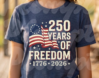 PNG Archivo digital PNG del 250 aniversario de EE. UU. para diseño de camiseta patriótica del 4 de julio / Camiseta retro con la bandera del Día de la Independencia de Estados Unidos 250 para sublimación