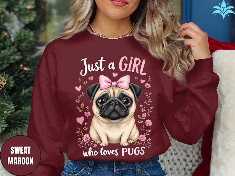 Maglietta Just a Girl Who Loves Pugs, maglietta grafica con simpatico carlino, regalo per gli amanti dei carlini, maglietta con colori confortevoli, maglietta divertente con cane, maglietta per mamma di carlino immagine 8