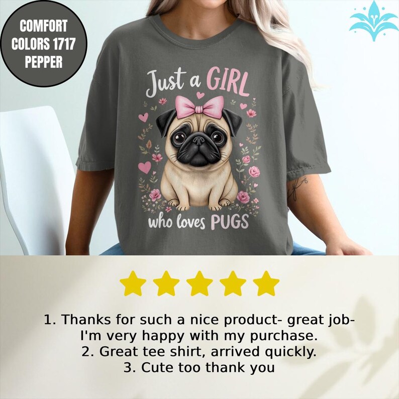 Maglietta Just a Girl Who Loves Pugs, maglietta grafica con simpatico carlino, regalo per gli amanti dei carlini, maglietta con colori confortevoli, maglietta divertente con cane, maglietta per mamma di carlino immagine 3