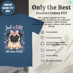 Maglietta Just a Girl Who Loves Pugs, maglietta grafica con simpatico carlino, regalo per gli amanti dei carlini, maglietta con colori confortevoli, maglietta divertente con cane, maglietta per mamma di carlino immagine 5