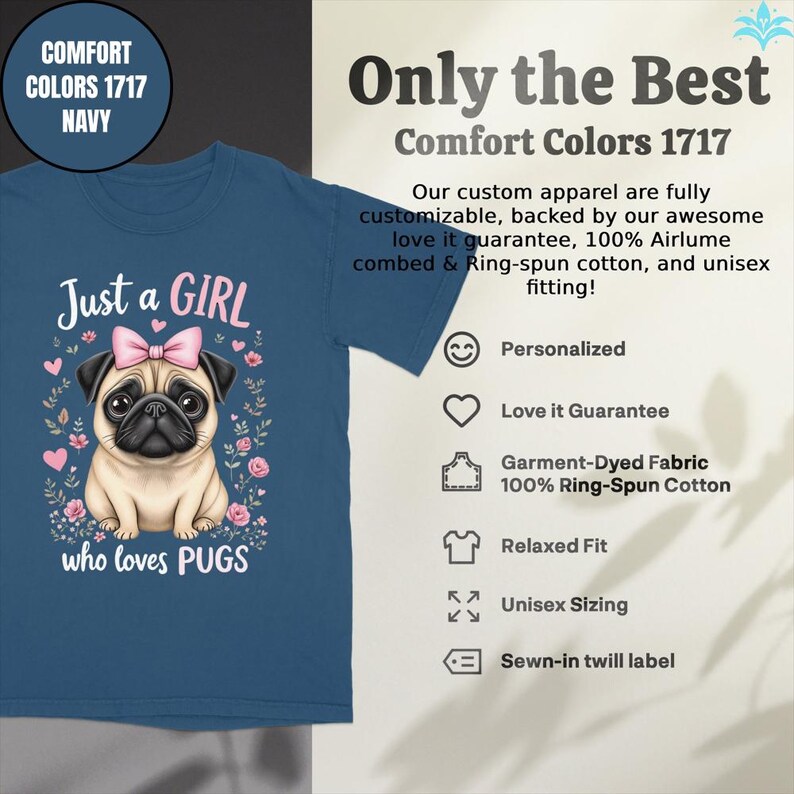 Maglietta Just a Girl Who Loves Pugs, maglietta grafica con simpatico carlino, regalo per gli amanti dei carlini, maglietta con colori confortevoli, maglietta divertente con cane, maglietta per mamma di carlino immagine 5