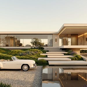 May include: A modern single-story house with large glass windows and a cantilevered roof section, featuring a white vintage convertible car parked on a gravel driveway in front of a landscaped garden with stone steps leading to the entrance.