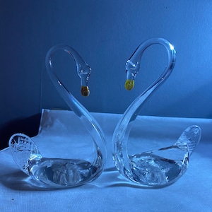 Pair Of Vintage Clear Glass Swan Art Sculptures Decorative Figurines Hand Made Cygnets including stunning 4 LED stands.