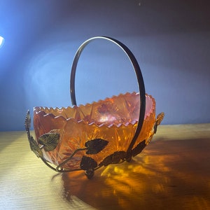 Stunning unique Vintage Art Deco Large Glass Basket  ~ Gold Ivy Leaves Mount c1930s
