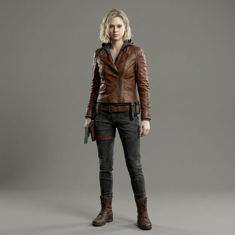 May include: A woman wearing a brown leather jacket, gray pants, and brown boots. She is holding a gun and has a utility belt. The jacket has a zipper closure and a hood. The pants are dark gray and fitted. The boots are lace-up.