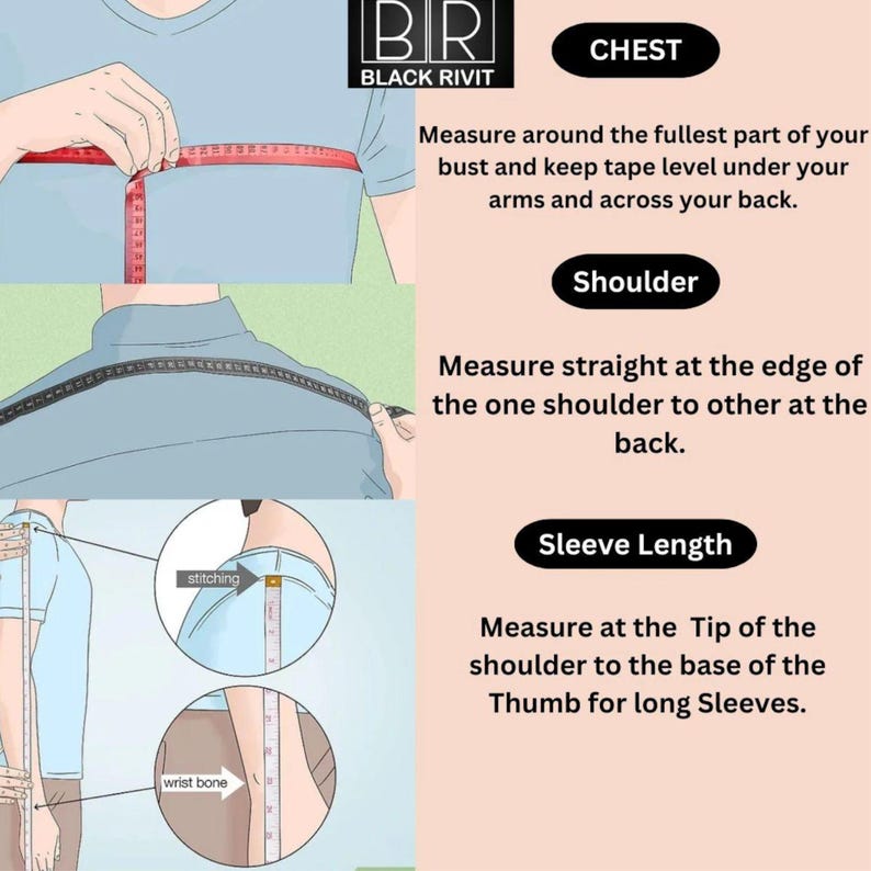 May include: Diagram illustrating how to measure chest, shoulder, and sleeve length. The image includes text instructions and visual guides using a measuring tape. The Black Rivit logo is in the top left corner.