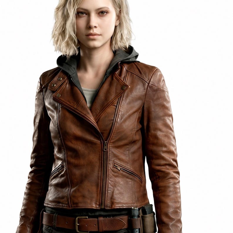 May include: A brown leather jacket with a zipper closure and a gray hooded sweatshirt underneath. The jacket has a classic biker style with a notched collar and shoulder detailing. The model is wearing a brown belt with a holster.