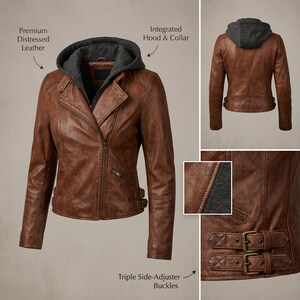 May include: Brown distressed leather jacket with an integrated gray hood and collar. Features a zip closure, side-adjuster buckles, and two zippered pockets. The jacket has a classic biker style.