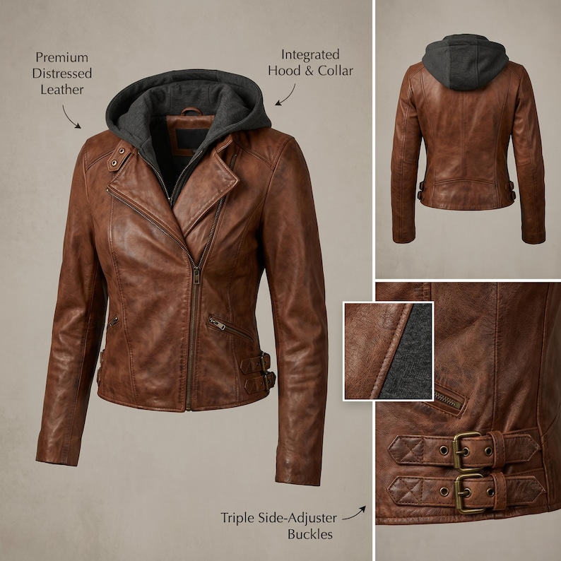 May include: Brown distressed leather jacket with an integrated gray hood and collar. Features a zip closure, side-adjuster buckles, and two zippered pockets. The jacket has a classic biker style.